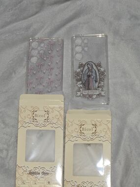 Clear S25 Ultra Phone Cases with Pink Bows & Virgin Mary